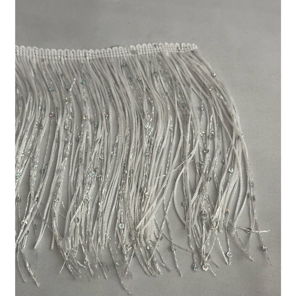 White fringe trim silver laser sequins Chainette fabric fringe lamp 2.1 yds